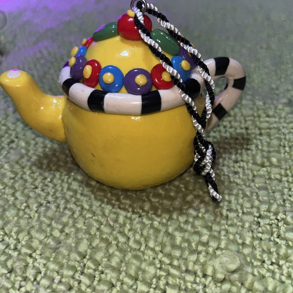 Mary Engelbreit Teapot Ornament Yellow & Multicolor Stamped ME 3" Ribbon Hanger - Picture 5 of 6